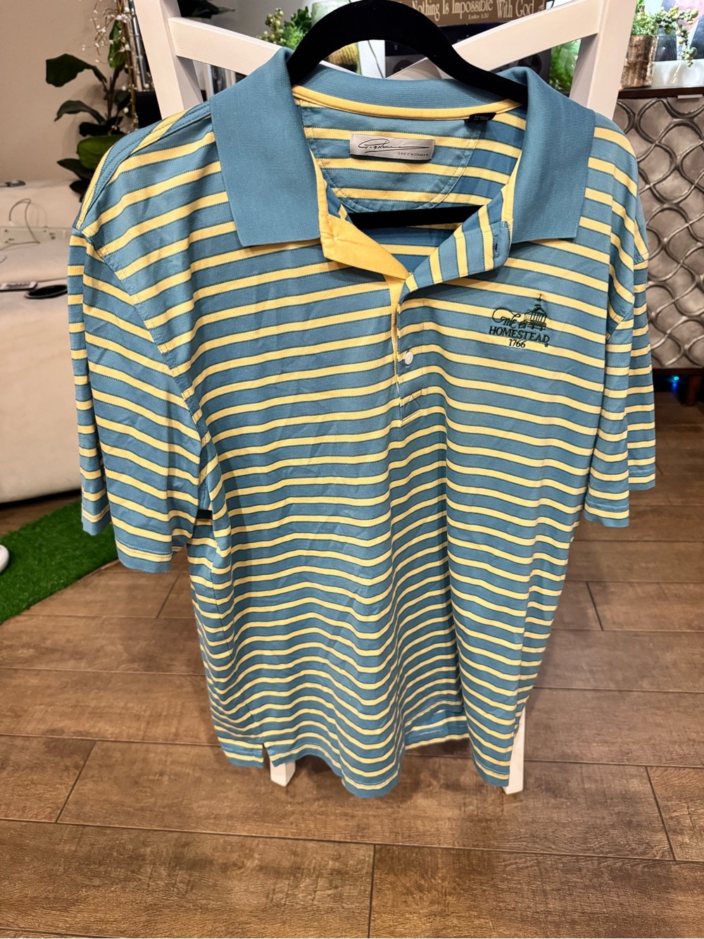 Greg Norman Collection Blue and Yellow Striped Polo